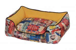 פטקס מיטה מאויירת לכלב (דגם Vintage) צבע צהוב במידה 75X60X22 ס”מ