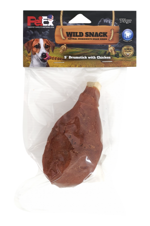 עצם שוק עוף לכלב בגודל 5 אינץ בציפוי בשר עוף מיובש