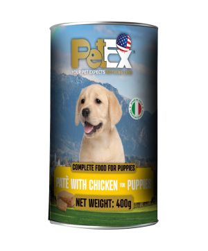 פטקס שימורי מזון מלא לגורי כלבים עם בשר עוף במרקם פטה 400 גרם