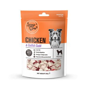 גרקי טיים- מזון מלא לכלבים – סושי עוף בשילוב דג בקלה -משקל כולל 80 גרם