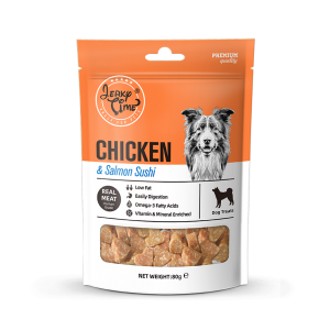 גרקי טיים -מזון מלא לכלבים – עוף + נתחי סלמון (לבבות) – משקל האריזה 80 גרם