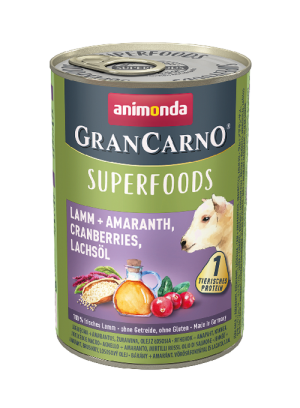 שימור גראן קרנו לכלב בטעם טלה + אמרנטוס, חמוציות, שמן סלמון